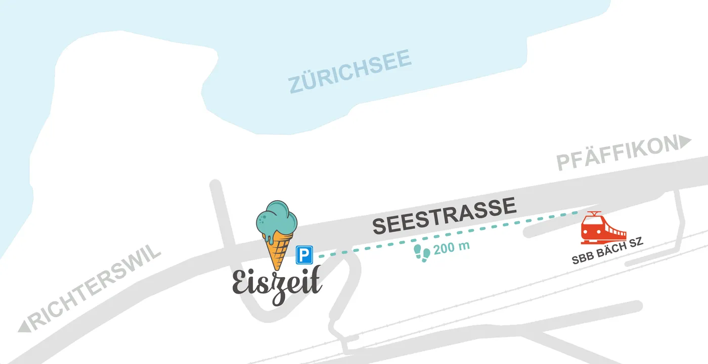 Lageplan: Eiszeit an der Seestrasse in Bäch mit Parkplatz direkt beim Haus. Vom Bahnhof Bäch SZ sind es 200 Meter zu Fuss der Seestrasse entlang. Links Richtung Richterswil, rechts Richtung Pfäffikon, oben der Zürichsee.