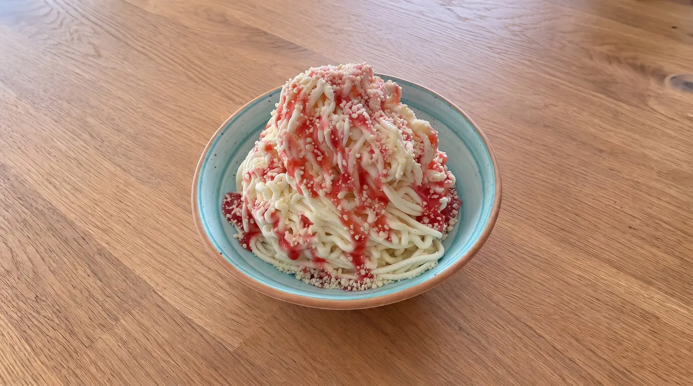 Spaghettieis in einer hellblauen Schale mit Erdbeersauce und geraspelter weisser Schoggi, auf einem Holztisch